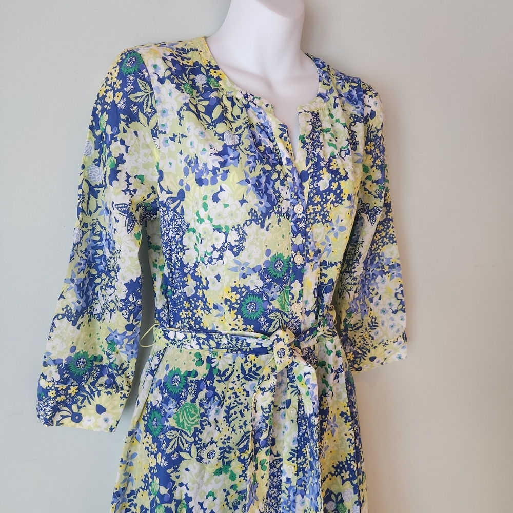 Floral Blue and Yellow Midi Dress with Tie Waist - Picture 4 of 10